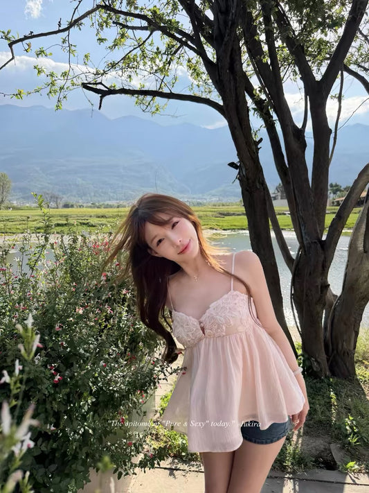 Lumira Cherry Blossom Ballet Sweet and Elegant Custom-Dyed 3D Floral Chiffon Camisole for Women, Slimming Summer Top