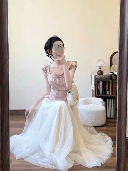 Summer beautiful outfit a complete set of design sense waist top lace mesh half-length skirt two-piece suit for women
