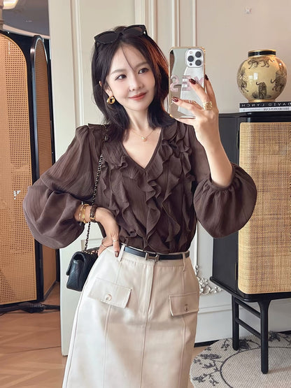 PINZIKO "Big Rabbit" Vintage French-Style Lyocell Long-Sleeve Blouse – V-Neck, Ruffled, Slim-Fit, Versatile & Romantic Top
