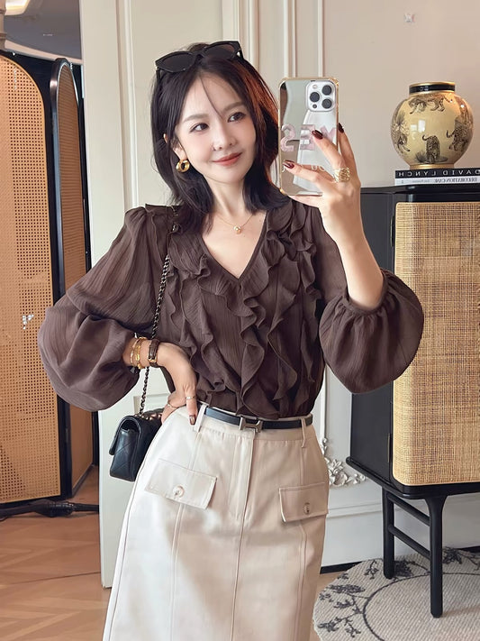 PINZIKO "Big Rabbit" Vintage French-Style Lyocell Long-Sleeve Blouse – V-Neck, Ruffled, Slim-Fit, Versatile & Romantic Top