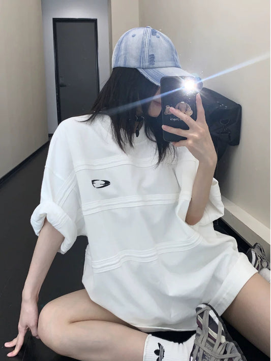 Wasteful chic summer heavy design three-dimensional decoration 300G pure cotton short-sleeved oversize white T-shirt for women