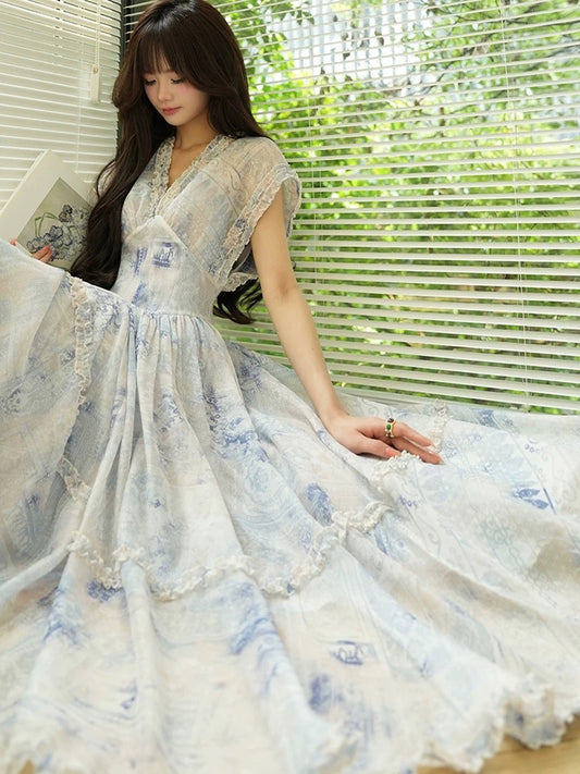 Aconiconi｜Qingqing Manwu French sweet print high-end ruffled large skirt holiday dress