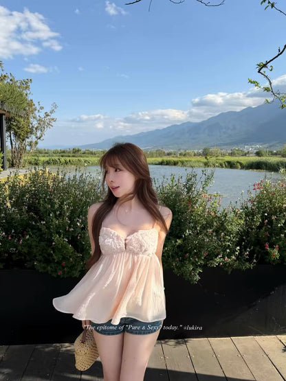 Lumira Cherry Blossom Ballet Sweet and Elegant Custom-Dyed 3D Floral Chiffon Camisole for Women, Slimming Summer Top