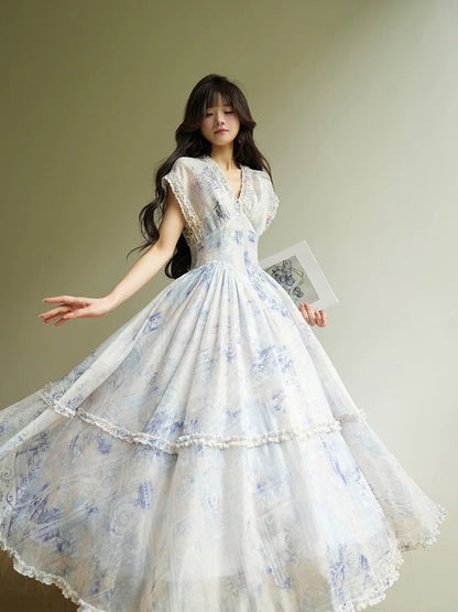 Aconiconi｜Qingqing Manwu French sweet print high-end ruffled large skirt holiday dress