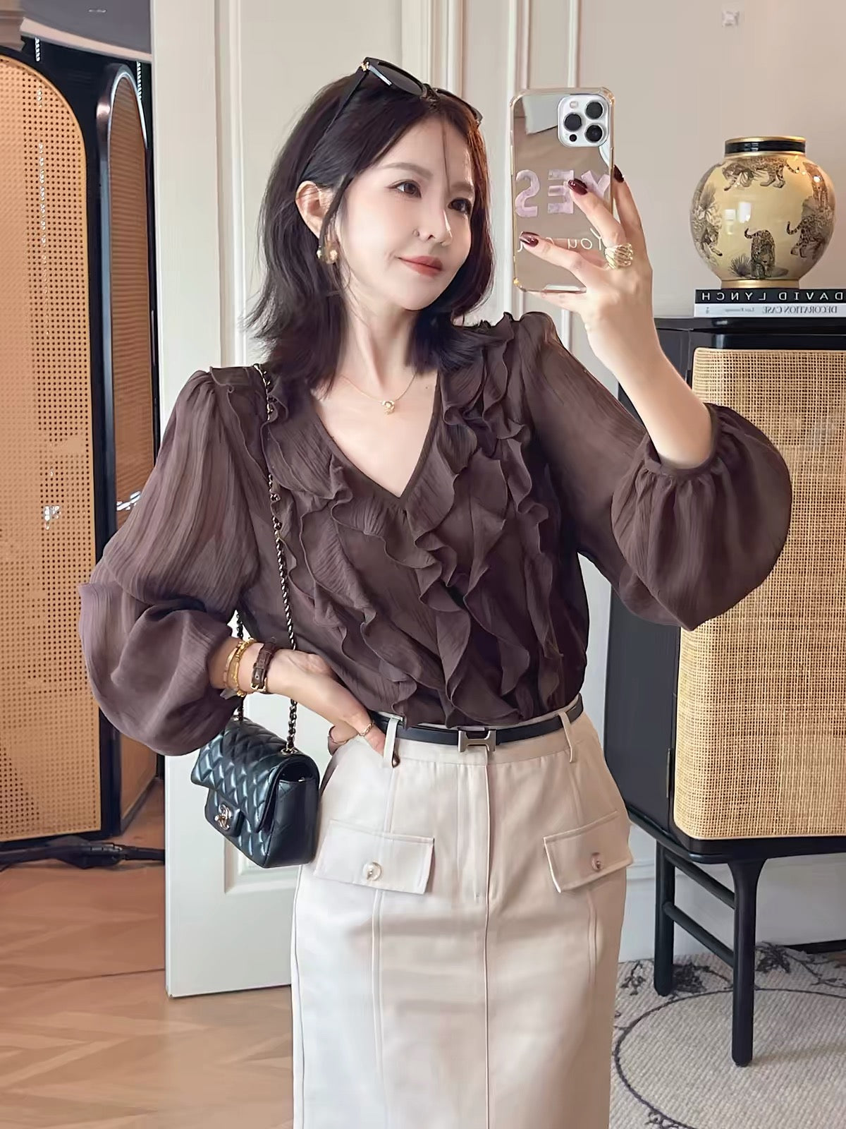 PINZIKO "Big Rabbit" Vintage French-Style Lyocell Long-Sleeve Blouse – V-Neck, Ruffled, Slim-Fit, Versatile & Romantic Top