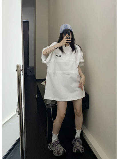 Wasteful chic summer heavy design three-dimensional decoration 300G pure cotton short-sleeved oversize white T-shirt for women