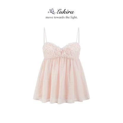 Lumira Cherry Blossom Ballet Sweet and Elegant Custom-Dyed 3D Floral Chiffon Camisole for Women, Slimming Summer Top