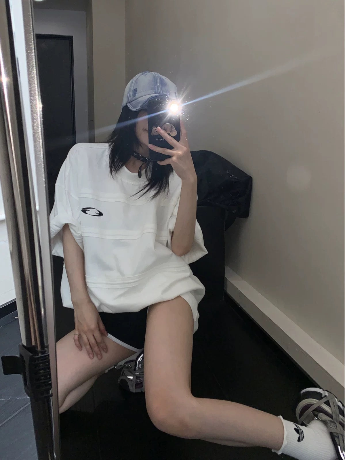 Wasteful chic summer heavy design three-dimensional decoration 300G pure cotton short-sleeved oversize white T-shirt for women