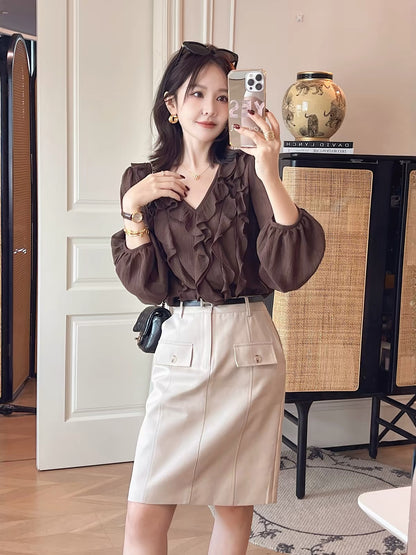 PINZIKO "Big Rabbit" Vintage French-Style Lyocell Long-Sleeve Blouse – V-Neck, Ruffled, Slim-Fit, Versatile & Romantic Top