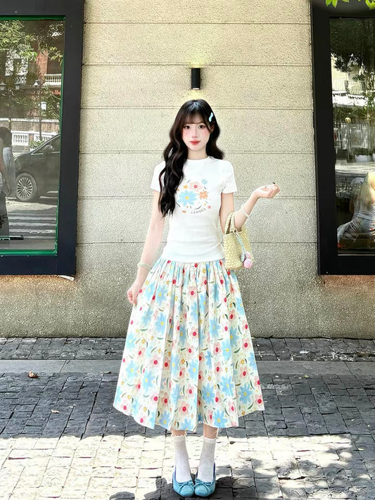 Summer Fresh Floral Print Midi Skirt Set for Women, 2026 New Style, Short-Sleeved Top with Straight Shoulders, Sweet and Youthful (ootd)