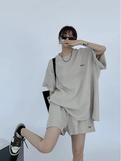 Waste-chai chic summer heavy-duty design waffle casual sports embroidered short-sleeved + shorts two-piece suit for women