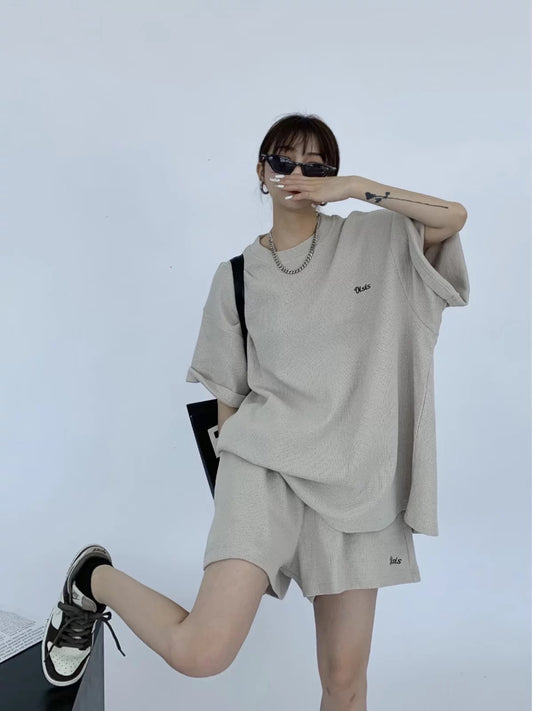 Waste-chai chic summer heavy-duty design waffle casual sports embroidered short-sleeved + shorts two-piece suit for women