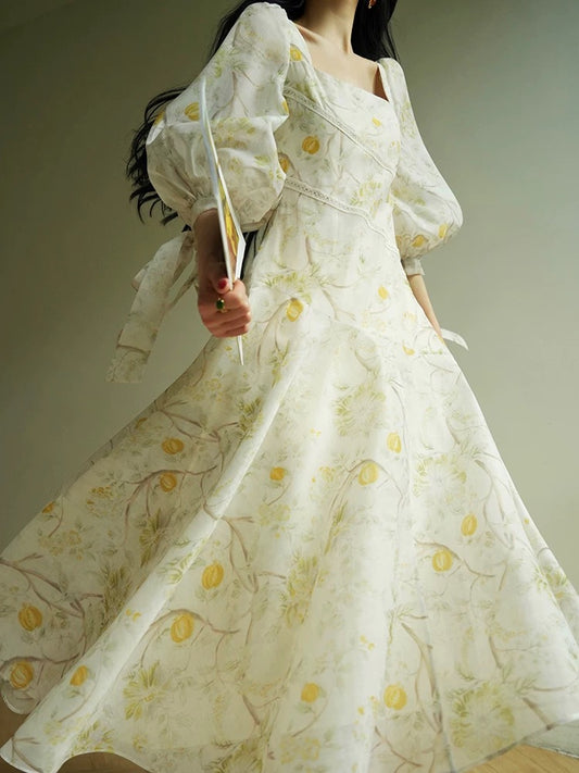 Aconiconi｜Fengmian French floral print sweet large square neckline slim waist long skirt dress