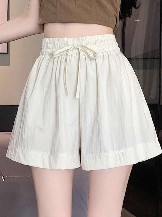 Ice silk petite cotton and linen shorts for women summer new high waist drawstring loose slim all-match casual wide-leg pants