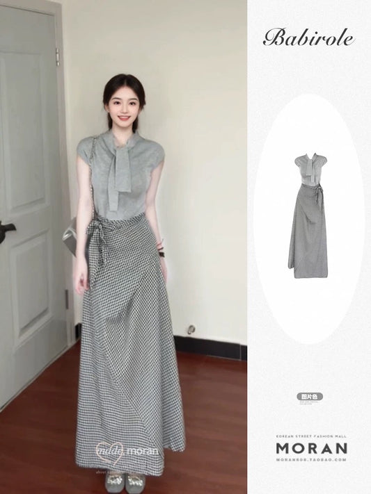 Summer beautiful suit outfit for women 2025 new bow collar knitted short-sleeved top long skirt two-piece suit