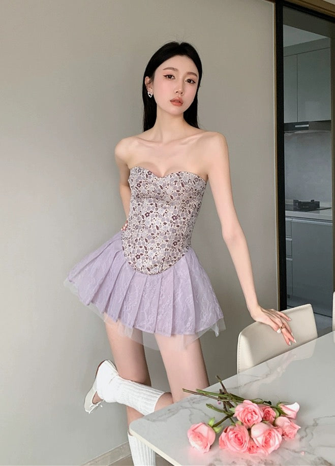 Beauty at 19 years old lavender ballet purple jacquard tube top dress women's summer waist a-line short skirt