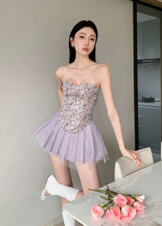 Beauty at 19 years old lavender ballet purple jacquard tube top dress women's summer waist a-line short skirt