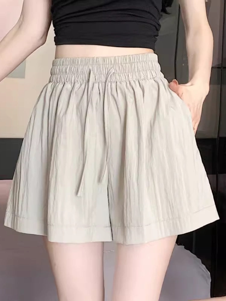 Ice silk petite cotton and linen shorts for women summer new high waist drawstring loose slim all-match casual wide-leg pants