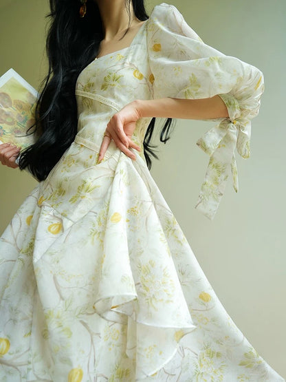 Aconiconi｜Fengmian French floral print sweet large square neckline slim waist long skirt dress
