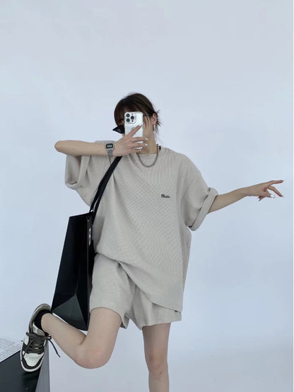 Waste-chai chic summer heavy-duty design waffle casual sports embroidered short-sleeved + shorts two-piece suit for women