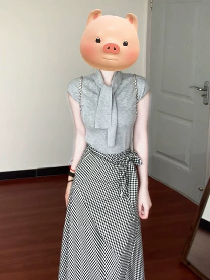 Summer beautiful suit outfit for women 2025 new bow collar knitted short-sleeved top long skirt two-piece suit