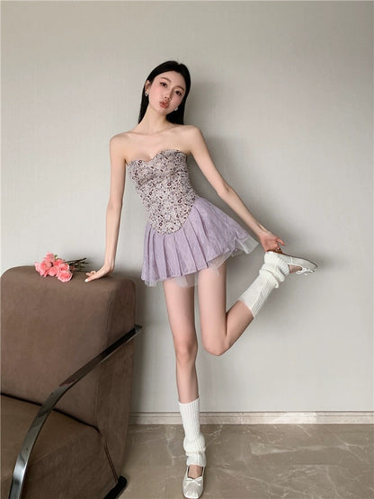 Beauty at 19 years old lavender ballet purple jacquard tube top dress women's summer waist a-line short skirt