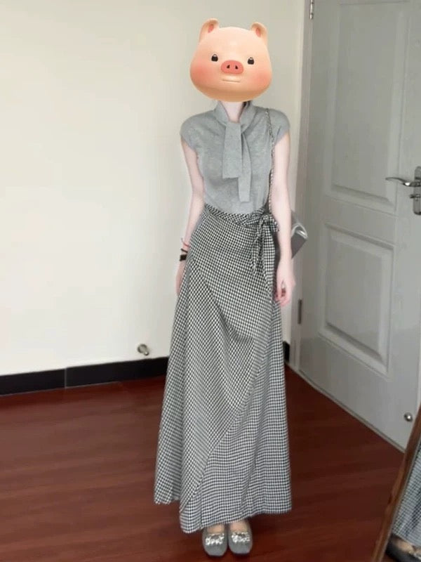 Summer beautiful suit outfit for women 2025 new bow collar knitted short-sleeved top long skirt two-piece suit