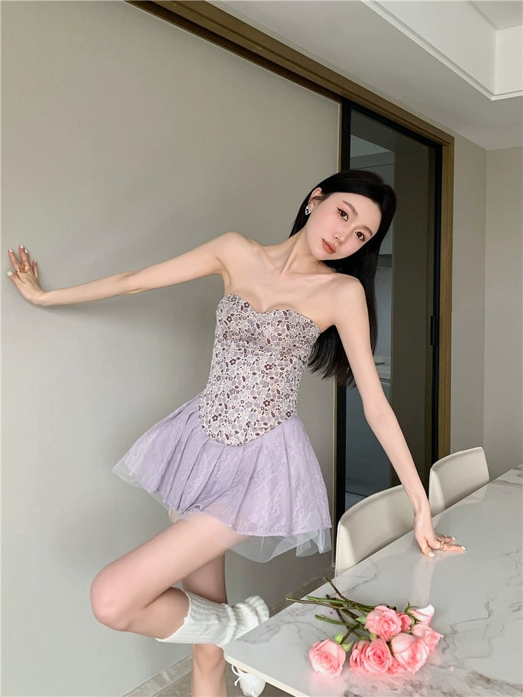 Beauty at 19 years old lavender ballet purple jacquard tube top dress women's summer waist a-line short skirt