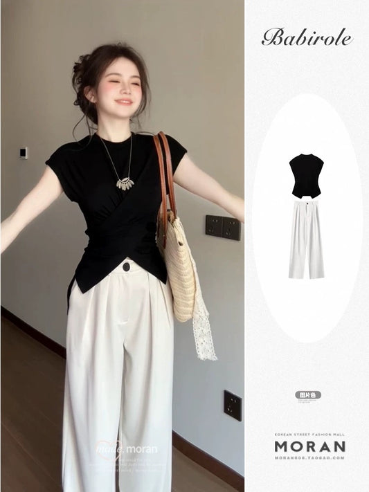 Design niche irregular black short-sleeved T-shirt tops women's slim casual wide-leg pants two-piece suit summer wear