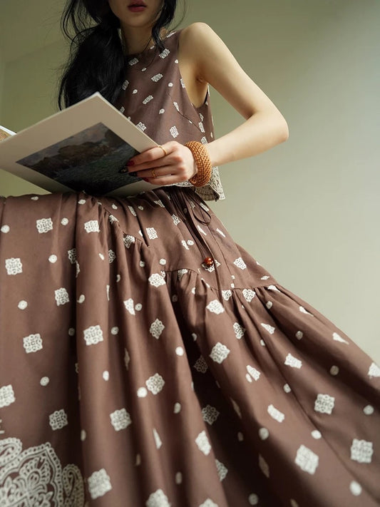 Aconiconi｜Mocha Coco French Retro Heavy Embroidery Ramie High-end Sleeveless Suit Skirt