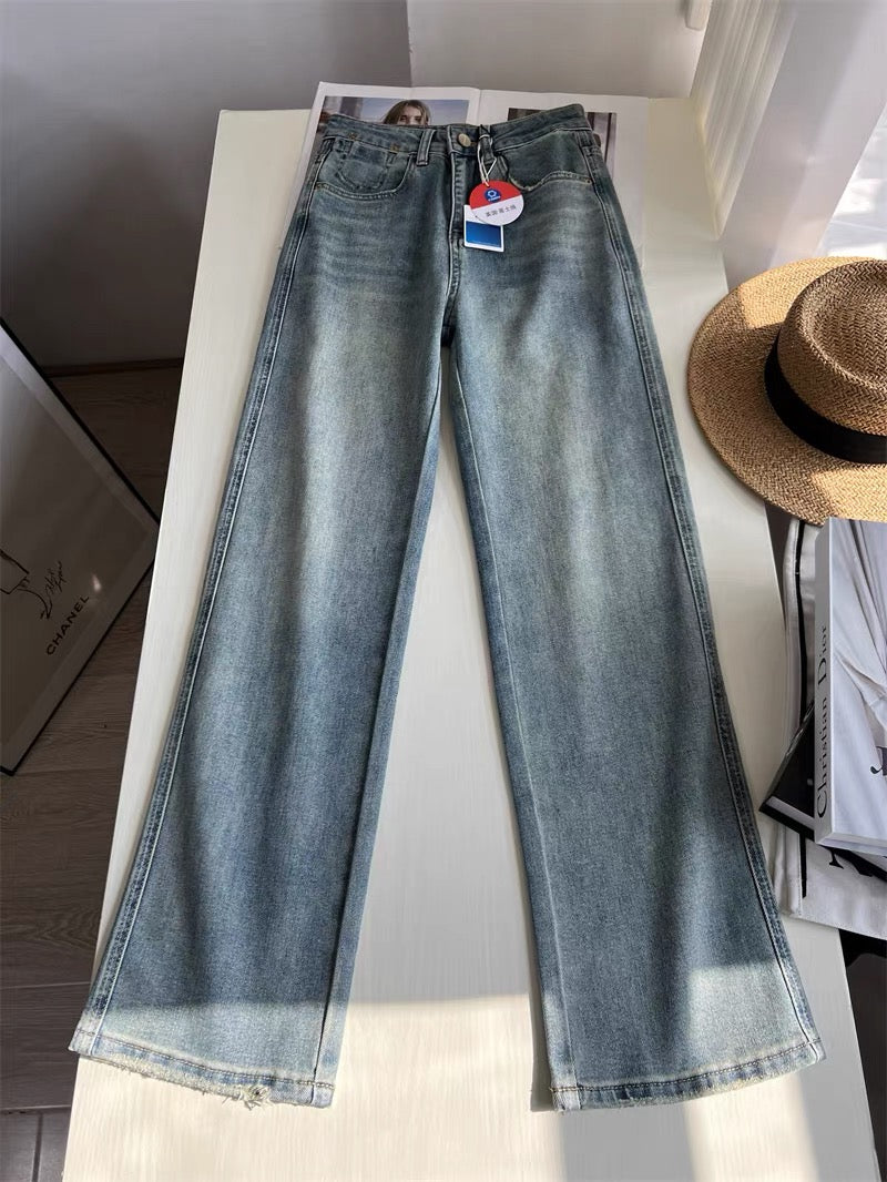Heavy-duty washed denim jeans - New spring style, retro blue, slimming and leg-lengthening, high-waisted, narrow-leg straight-leg jeans for women.