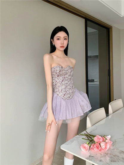 Beauty at 19 years old lavender ballet purple jacquard tube top dress women's summer waist a-line short skirt