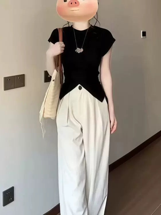 Design niche irregular black short-sleeved T-shirt tops women's slim casual wide-leg pants two-piece suit summer wear