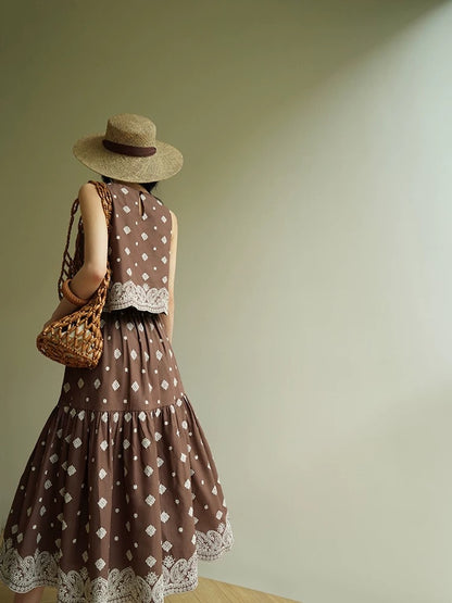Aconiconi｜Mocha Coco French Retro Heavy Embroidery Ramie High-end Sleeveless Suit Skirt