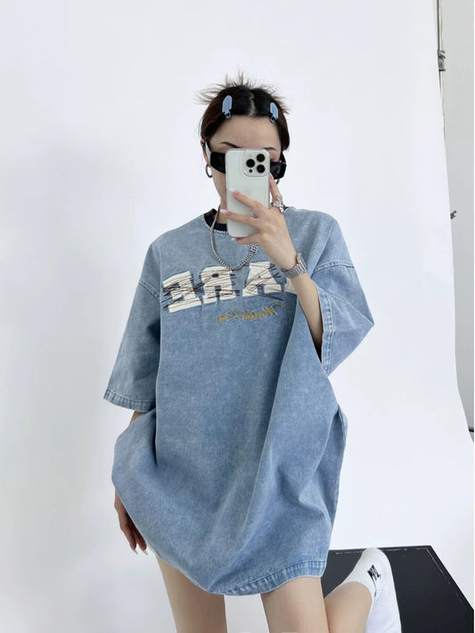 Waste wood summer American retro trendy brand design niche t-shirt loose old thin denim embroidered short sleeves for women and men