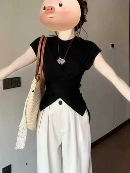 Design niche irregular black short-sleeved T-shirt tops women's slim casual wide-leg pants two-piece suit summer wear