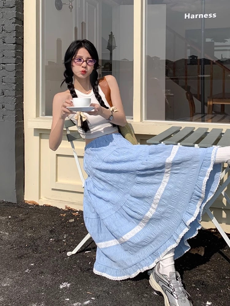 Forest lace ruffled blue a-line skirt autumn and summer 2025 super fairy holiday style drape long skirt