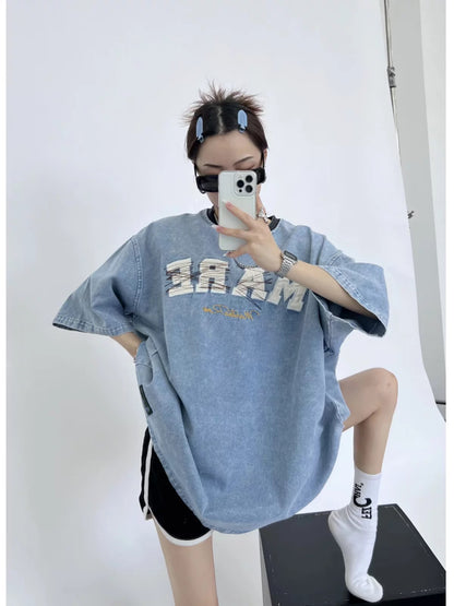 Waste wood summer American retro trendy brand design niche t-shirt loose old thin denim embroidered short sleeves for women and men