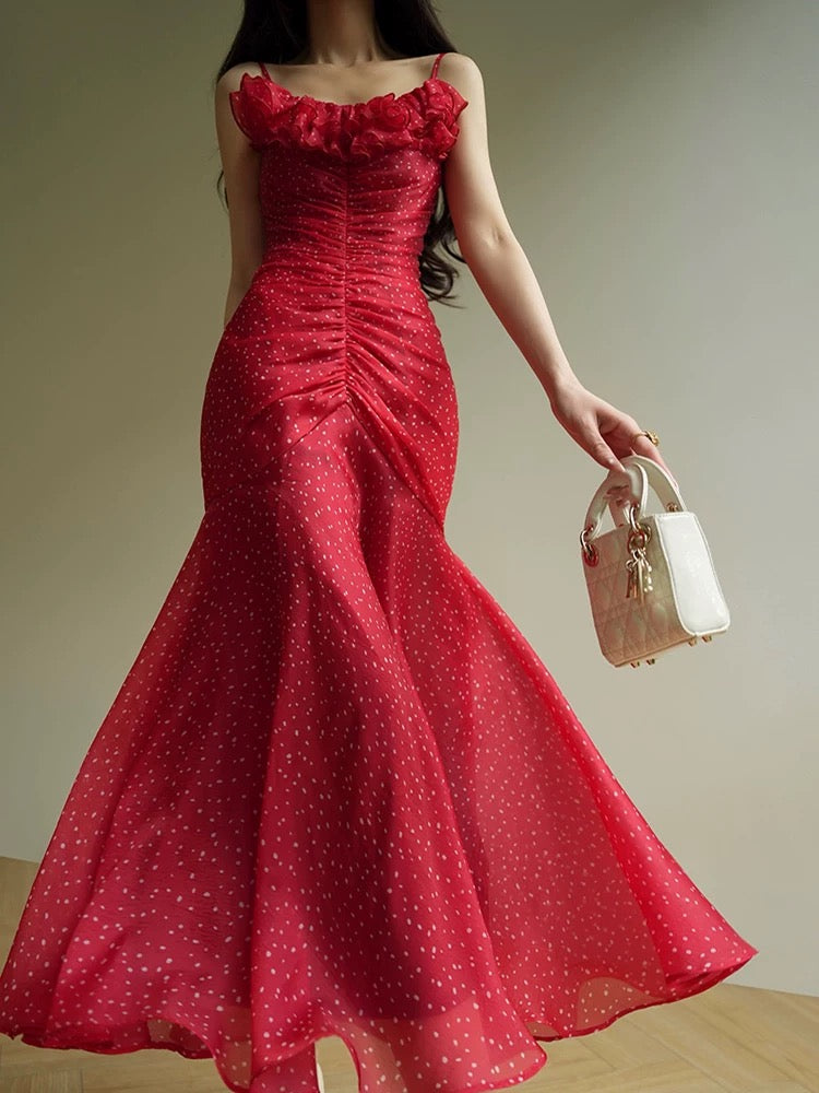 Aconiconi｜Rose Tata French retro passionate romantic polka dot ruffled fishtail suspender dress