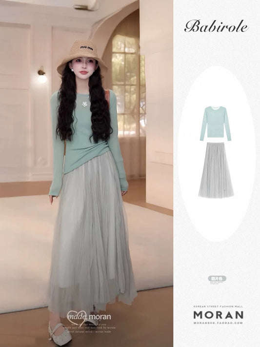 Korean style gentle style outfit a complete set of beautiful summer sun protection long-sleeved blouse top mesh skirt two-piece set