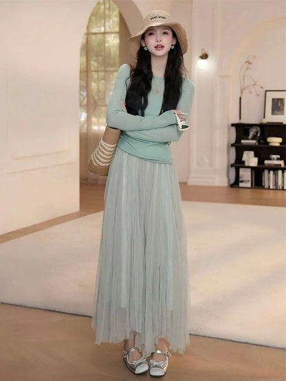 Korean style gentle style outfit a complete set of beautiful summer sun protection long-sleeved blouse top mesh skirt two-piece set
