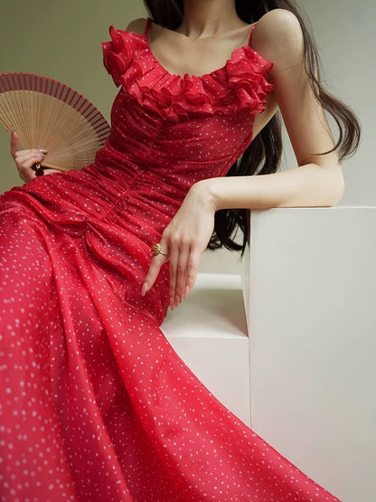 Aconiconi｜Rose Tata French retro passionate romantic polka dot ruffled fishtail suspender dress