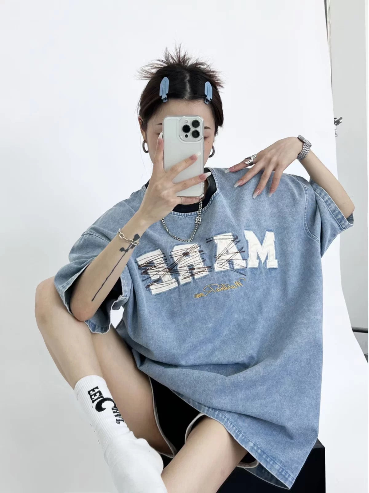 Waste wood summer American retro trendy brand design niche t-shirt loose old thin denim embroidered short sleeves for women and men