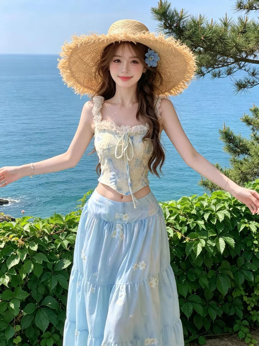 Island vacation style lace camisole top and bright blue floral skirt two-piece set for women, summer dopamine set