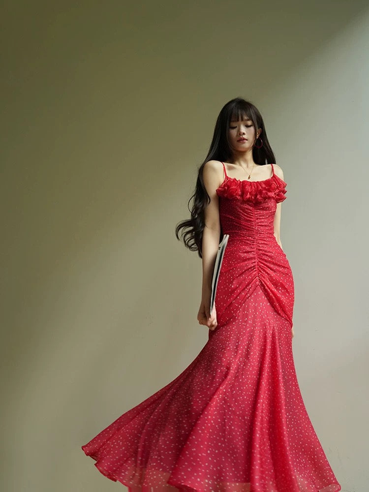 Aconiconi｜Rose Tata French retro passionate romantic polka dot ruffled fishtail suspender dress