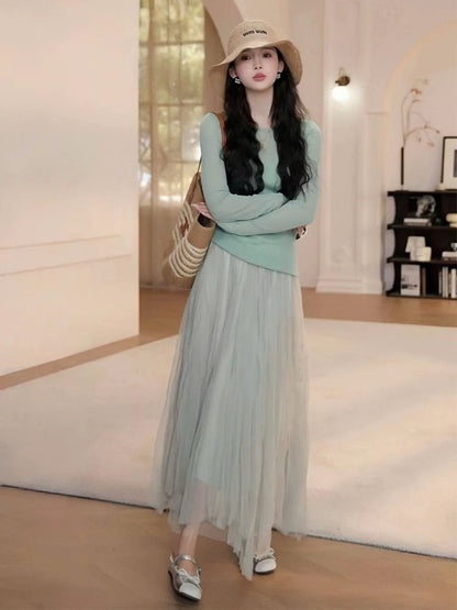 Korean style gentle style outfit a complete set of beautiful summer sun protection long-sleeved blouse top mesh skirt two-piece set