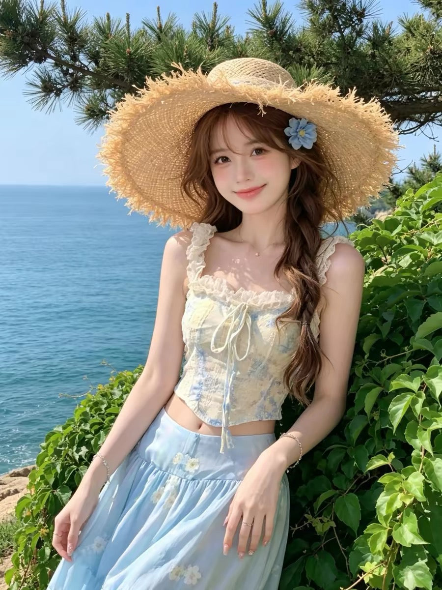Island vacation style lace camisole top and bright blue floral skirt two-piece set for women, summer dopamine set