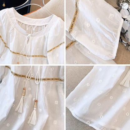 French retro tassel embroidery round neck short-sleeved chiffon shirt for women in summer loose belly-covering small shirt with puff sleeves
