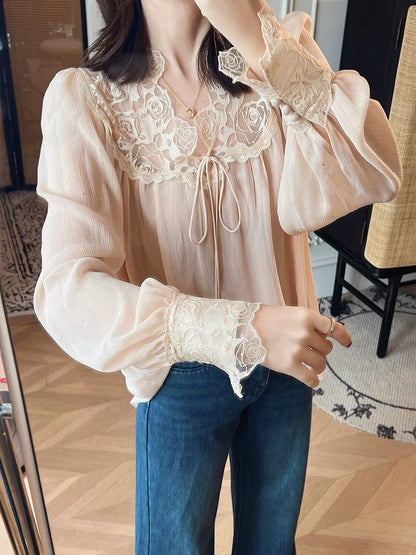 PINZIKO Women's Long-Sleeve Lace-Crochet Blouse – French Court Style – Versatile, Slim-Fit Autumn Top