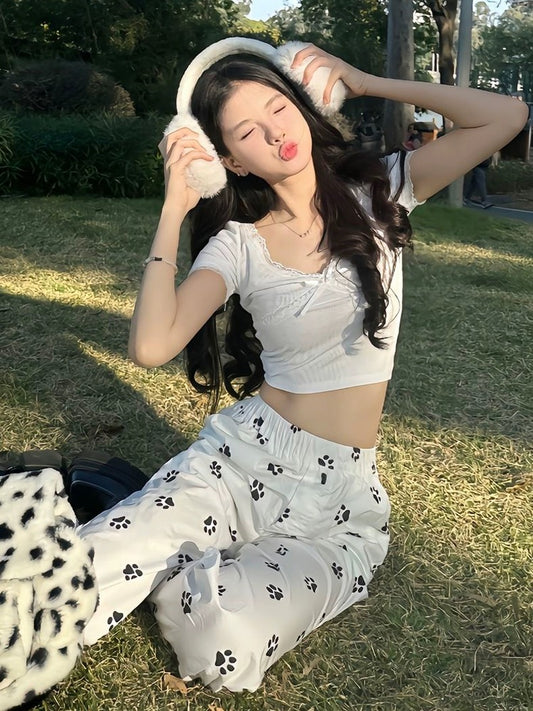 American retro casual pants for women in spring with all-over dog-foot print, straight-leg pants, loose and slimming, white wide-leg pants